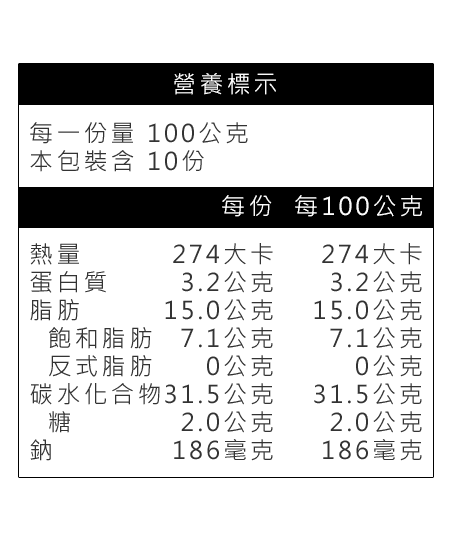 強匠冷凍玉米布丁酥 營養標示