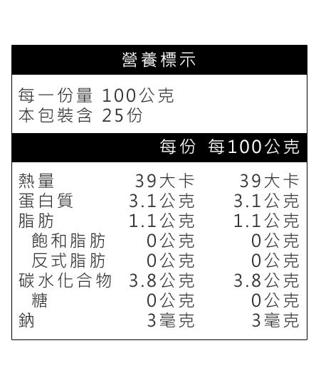 無糖濃純豆漿營養標示