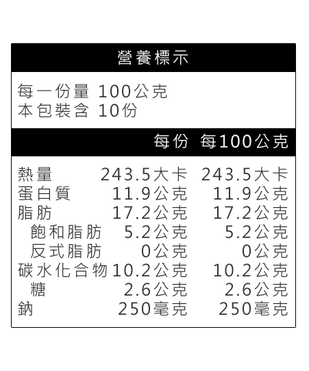 日式和風雞塊冷凍雞塊營養標示