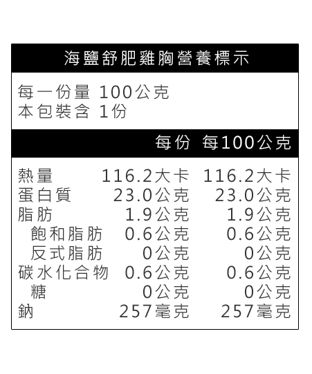 海鹽舒肥雞胸營養標示