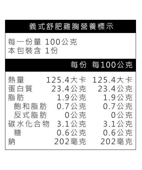 義式舒肥雞胸營養標示